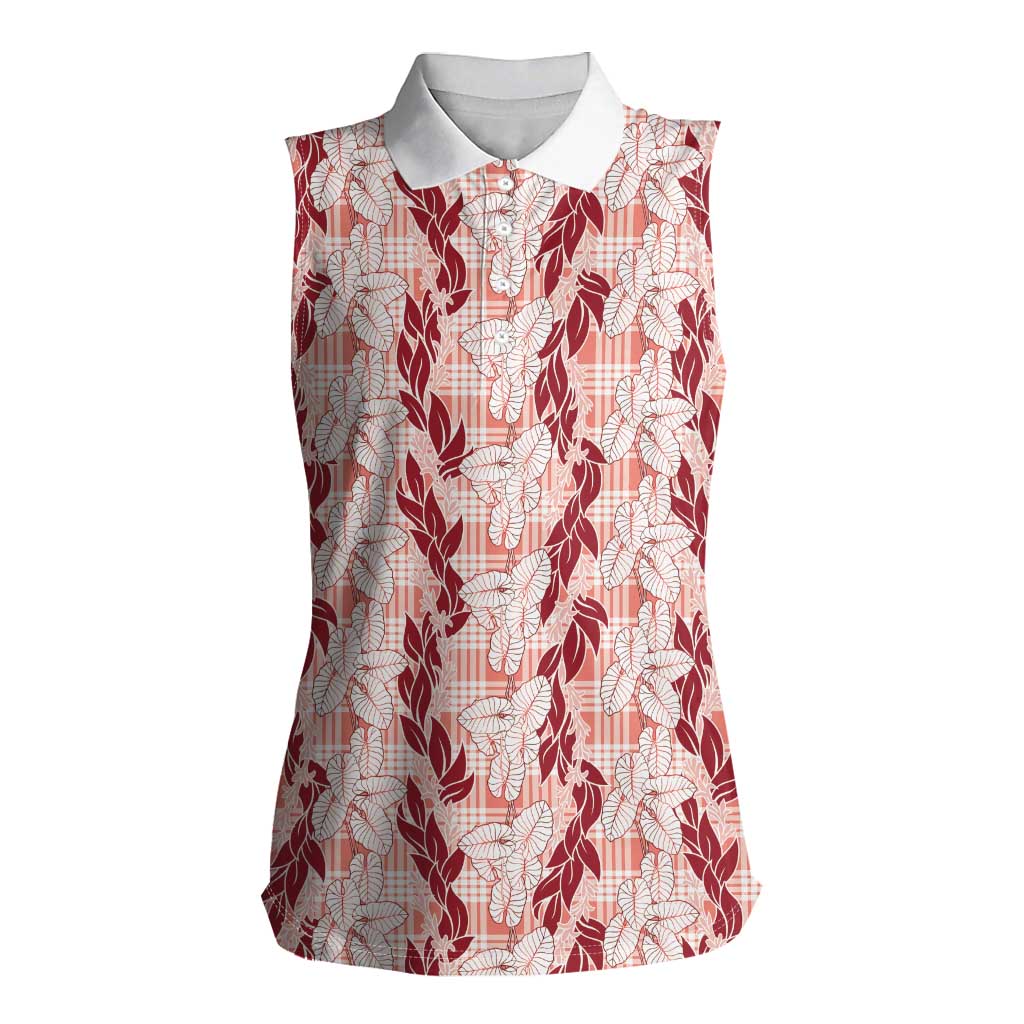 Hawaii Ti Leaf Maile Tuberose Lei Women Sleeveless Polo Shirt With Hanalei Leaf Red LT05 Female Red - Polynesian Pride