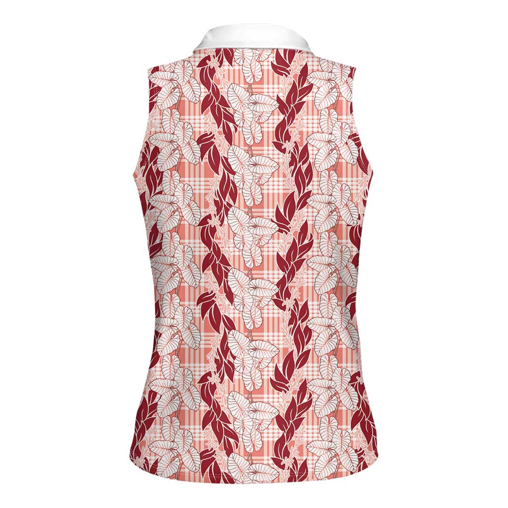 Hawaii Ti Leaf Maile Tuberose Lei Women Sleeveless Polo Shirt With Hanalei Leaf Red LT05 - Polynesian Pride
