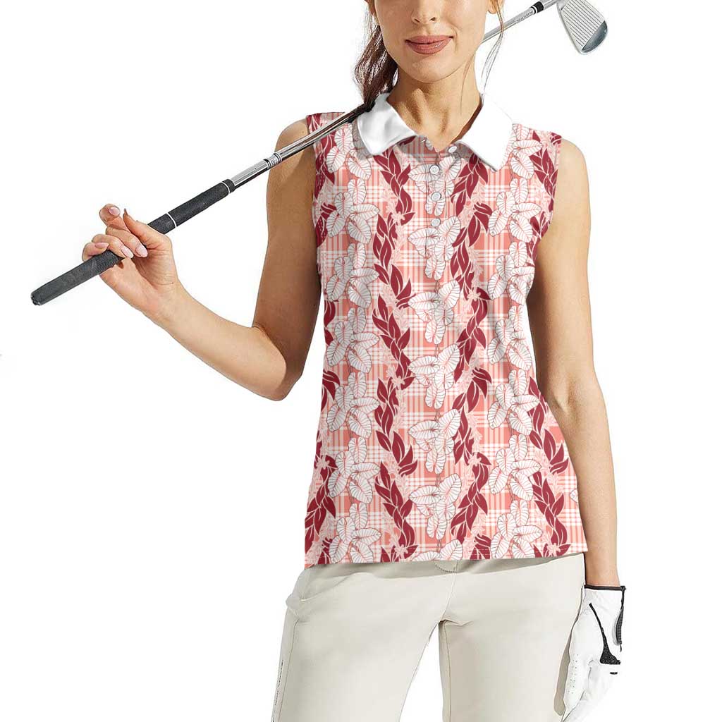 Hawaii Ti Leaf Maile Tuberose Lei Women Sleeveless Polo Shirt With Hanalei Leaf Red LT05 - Polynesian Pride