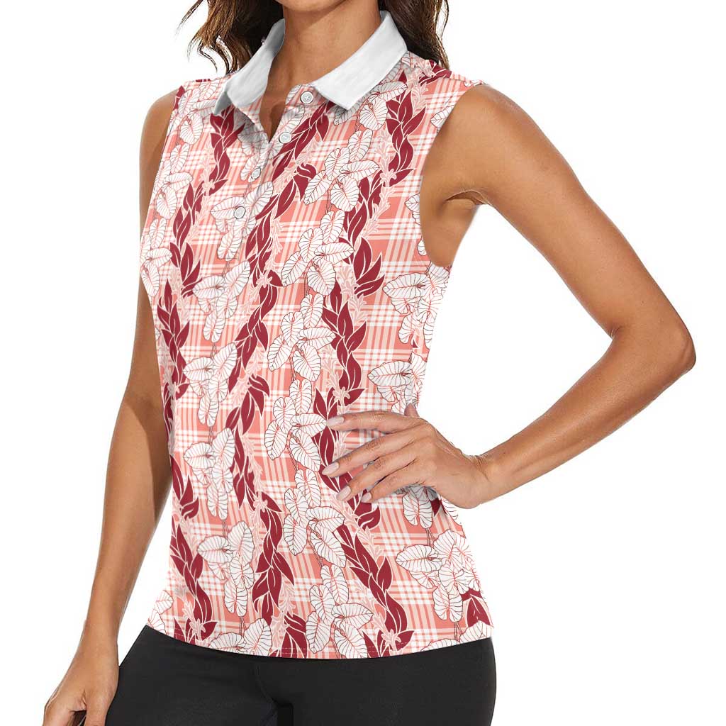 Hawaii Ti Leaf Maile Tuberose Lei Women Sleeveless Polo Shirt With Hanalei Leaf Red LT05 - Polynesian Pride