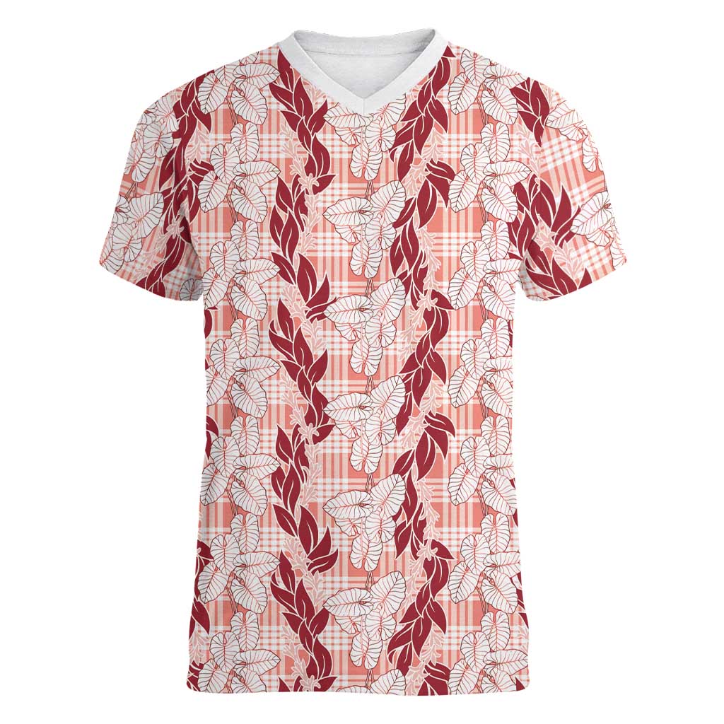 Hawaii Ti Leaf Maile Tuberose Lei Women V-Neck T-Shirt With Hanalei Leaf Red