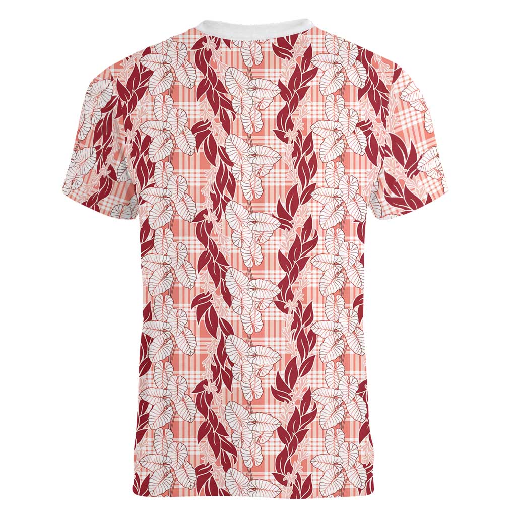 Hawaii Ti Leaf Maile Tuberose Lei Women V-Neck T-Shirt With Hanalei Leaf Red