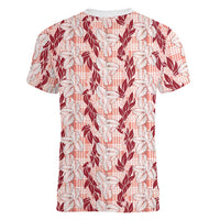 Hawaii Ti Leaf Maile Tuberose Lei Women V-Neck T-Shirt With Hanalei Leaf Red