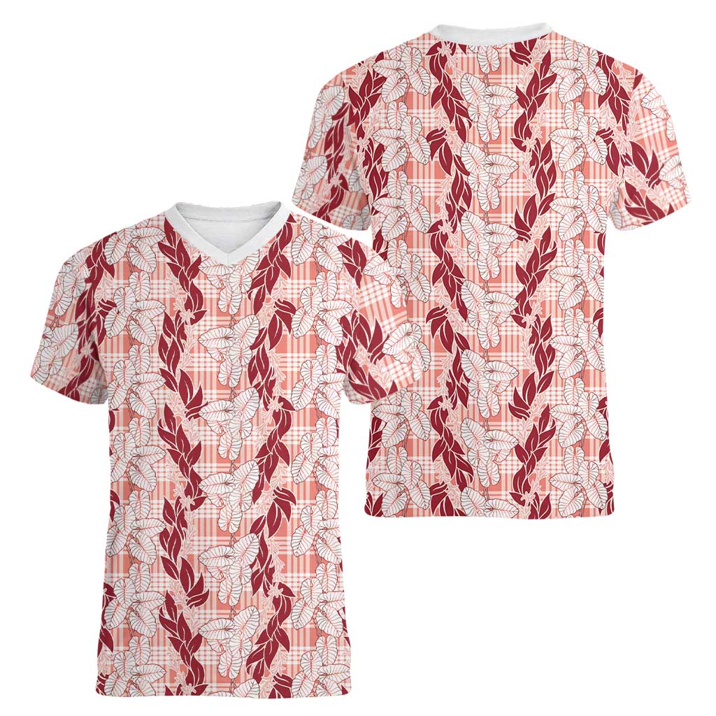 Hawaii Ti Leaf Maile Tuberose Lei Women V-Neck T-Shirt With Hanalei Leaf Red