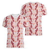 Hawaii Ti Leaf Maile Tuberose Lei Women V-Neck T-Shirt With Hanalei Leaf Red