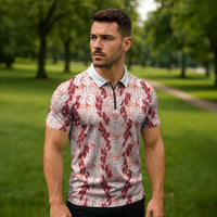 Hawaii Ti Leaf Maile Tuberose Lei Zipper Polo Shirt With Hanalei Leaf Red LT05 - Polynesian Pride