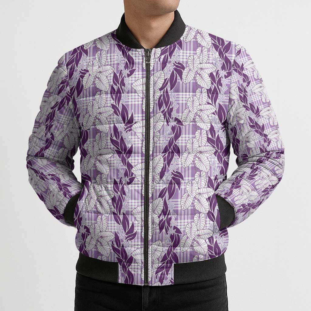 Hawaii Ti Leaf Maile Tuberose Lei Bomber Puffer Jacket With Hanalei Leaf Purple LT05 - Polynesian Pride