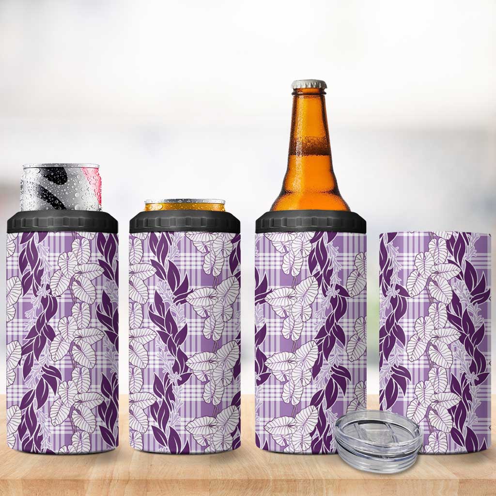 Hawaii Ti Leaf Maile Tuberose Lei 4 in 1 Can Cooler Tumbler With Hanalei Leaf Purple LT05 - Polynesian Pride