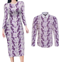 Hawaii Ti Leaf Maile Tuberose Lei Couples Matching Long Sleeve Bodycon Dress and Long Sleeve Button Shirt With Hanalei Leaf Purple