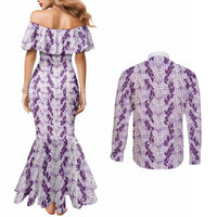 Hawaii Ti Leaf Maile Tuberose Lei Couples Matching Mermaid Dress and Long Sleeve Button Shirt With Hanalei Leaf Purple LT05 - Polynesian Pride