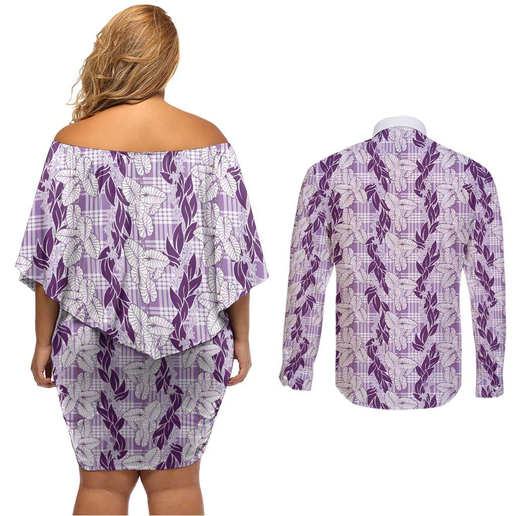Hawaii Ti Leaf Maile Tuberose Lei Couples Matching Off Shoulder Short Dress and Long Sleeve Button Shirt With Hanalei Leaf Purple LT05 - Polynesian Pride