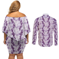 Hawaii Ti Leaf Maile Tuberose Lei Couples Matching Off Shoulder Short Dress and Long Sleeve Button Shirt With Hanalei Leaf Purple LT05 - Polynesian Pride