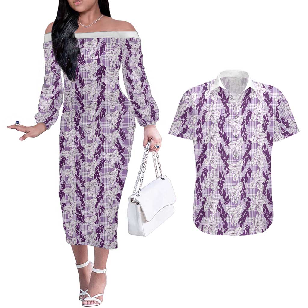 Hawaii Ti Leaf Maile Tuberose Lei Couples Matching Off The Shoulder Long Sleeve Dress and Hawaiian Shirt With Hanalei Leaf Purple LT05 Purple - Polynesian Pride