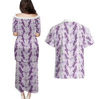 Hawaii Ti Leaf Maile Tuberose Lei Couples Matching Puletasi and Hawaiian Shirt With Hanalei Leaf Purple LT05 - Polynesian Pride