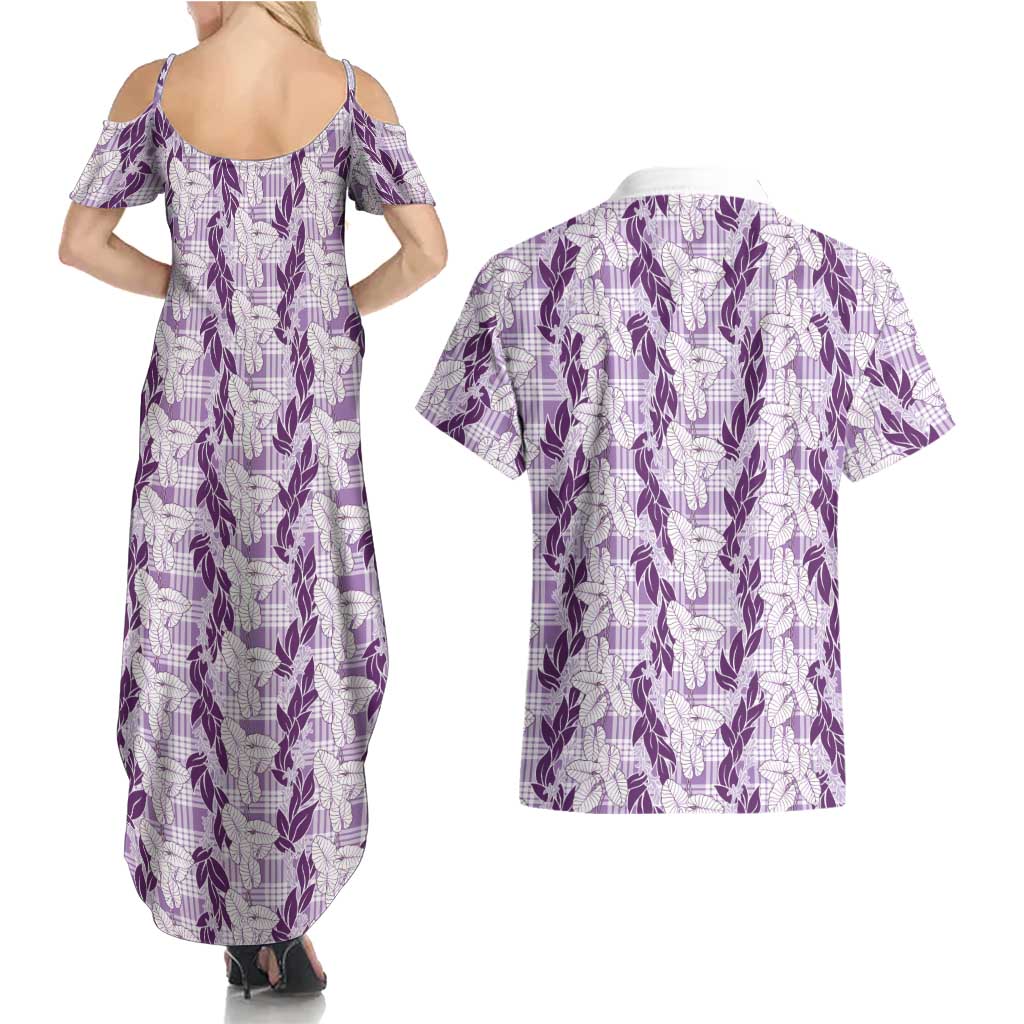 Hawaii Ti Leaf Maile Tuberose Lei Couples Matching Summer Maxi Dress and Hawaiian Shirt With Hanalei Leaf Purple LT05 - Polynesian Pride