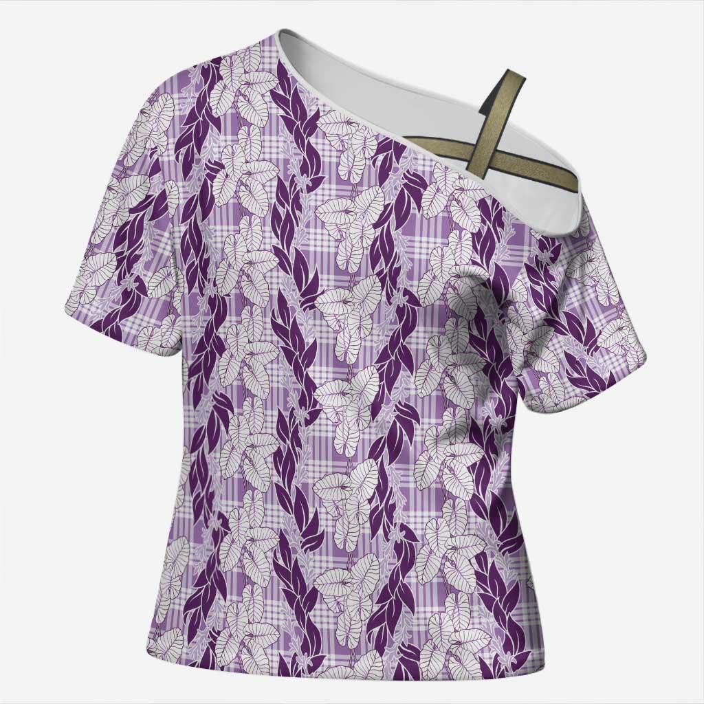 Hawaii Ti Leaf Maile Tuberose Lei Cross Shoulder Shirt With Hanalei Leaf Purple LT05 Female Purple - Polynesian Pride