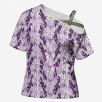 Hawaii Ti Leaf Maile Tuberose Lei Cross Shoulder Shirt With Hanalei Leaf Purple LT05 Female Purple - Polynesian Pride