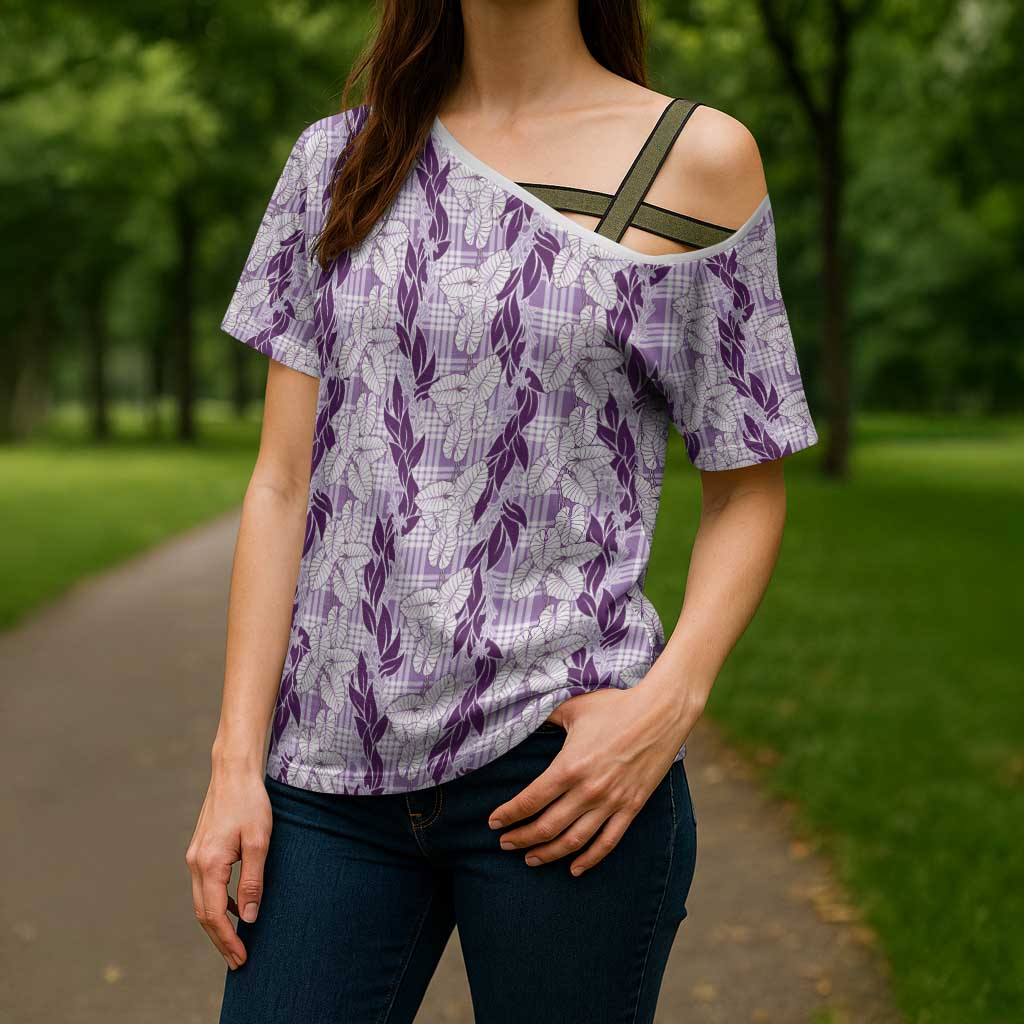 Hawaii Ti Leaf Maile Tuberose Lei Cross Shoulder Shirt With Hanalei Leaf Purple LT05 - Polynesian Pride