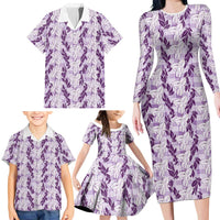 Hawaii Ti Leaf Maile Tuberose Lei Family Matching Long Sleeve Bodycon Dress and Hawaiian Shirt With Hanalei Leaf Purple