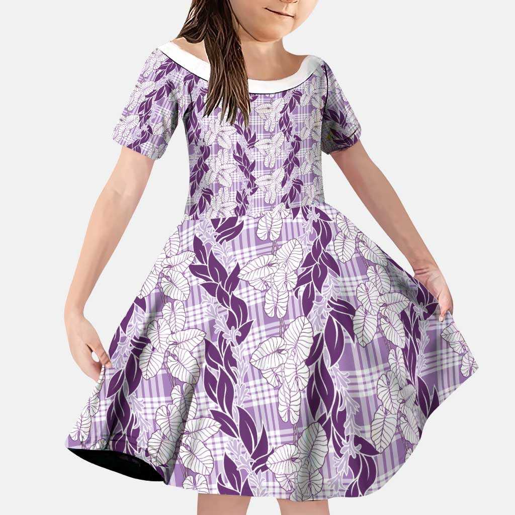 Hawaii Ti Leaf Maile Tuberose Lei Family Matching Off The Shoulder Long Sleeve Dress and Hawaiian Shirt With Hanalei Leaf Purple