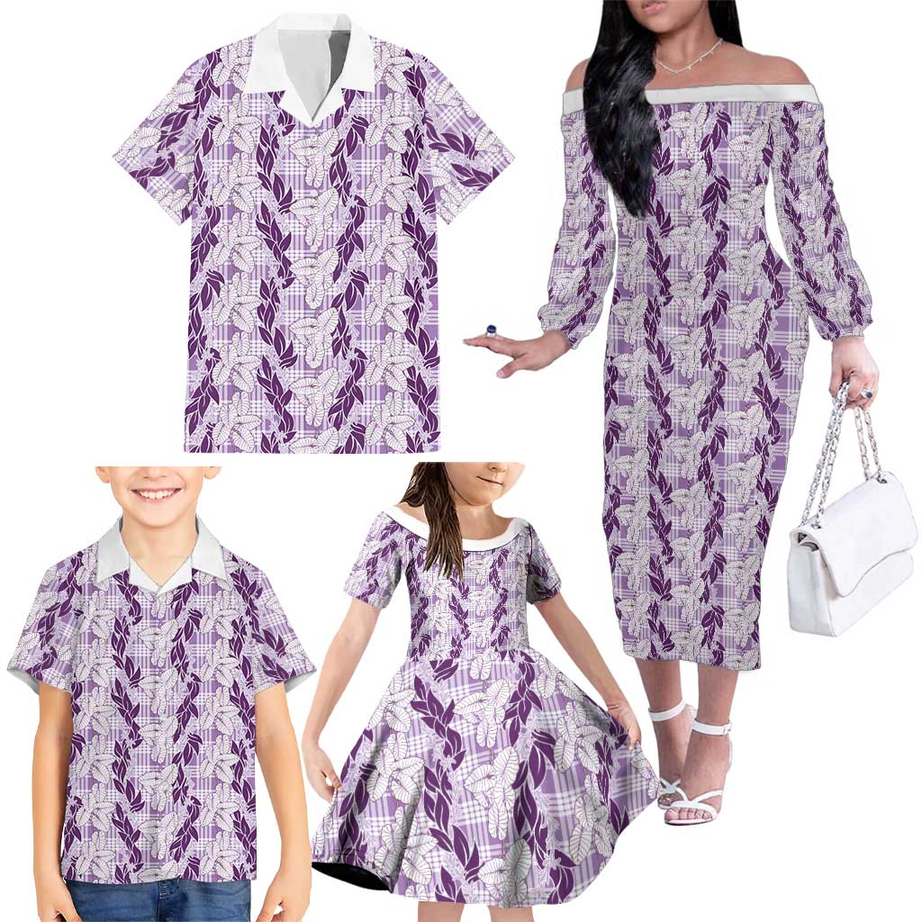 Hawaii Ti Leaf Maile Tuberose Lei Family Matching Off The Shoulder Long Sleeve Dress and Hawaiian Shirt With Hanalei Leaf Purple