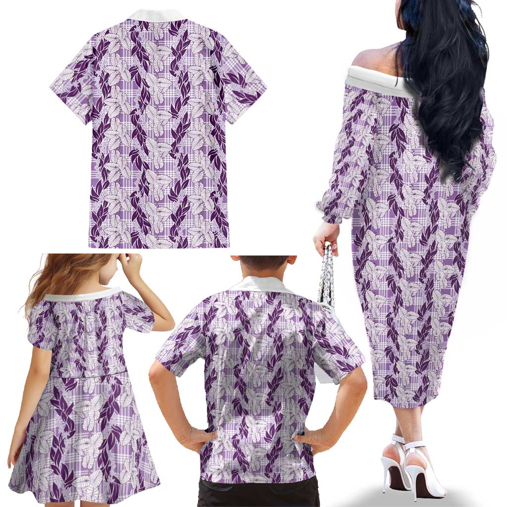 Hawaii Ti Leaf Maile Tuberose Lei Family Matching Off The Shoulder Long Sleeve Dress and Hawaiian Shirt With Hanalei Leaf Purple