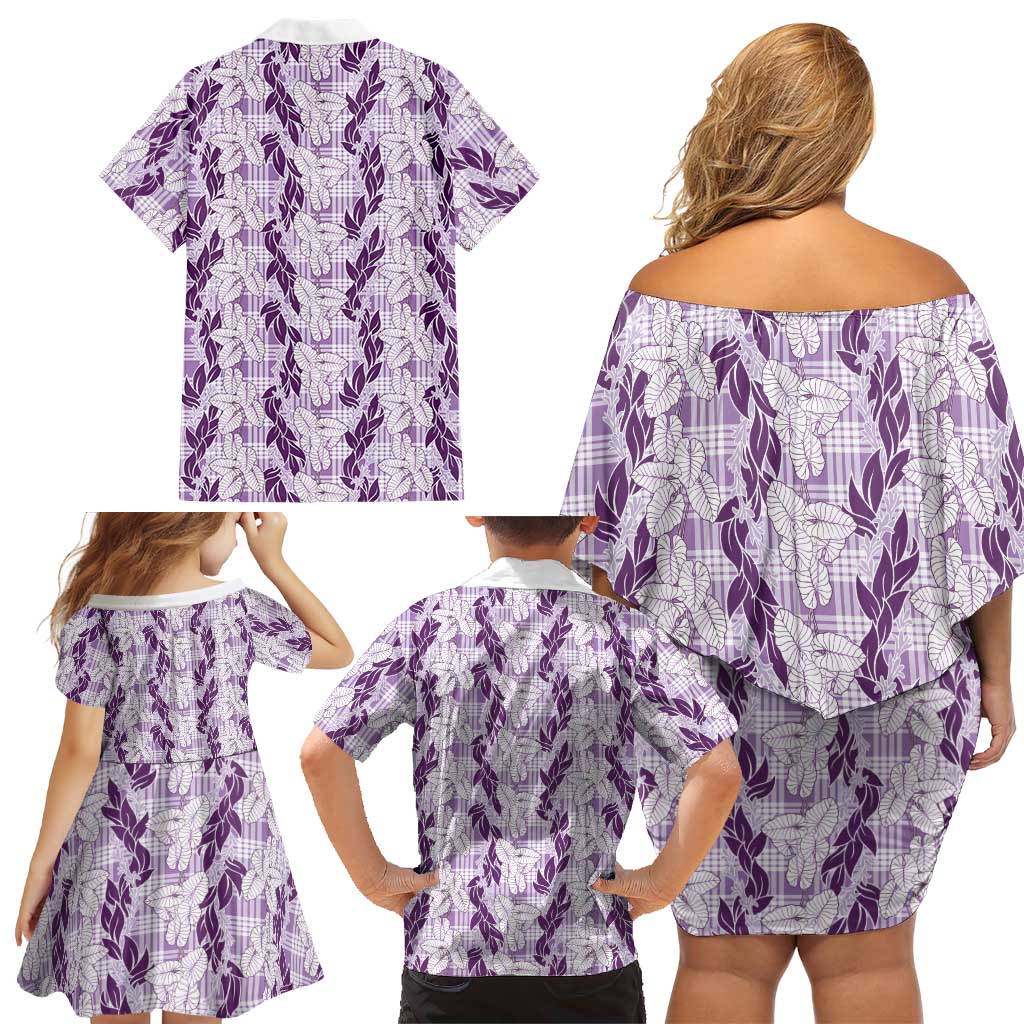 Hawaii Ti Leaf Maile Tuberose Lei Family Matching Off Shoulder Short Dress and Hawaiian Shirt With Hanalei Leaf Purple