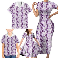 Hawaii Ti Leaf Maile Tuberose Lei Family Matching Short Sleeve Bodycon Dress and Hawaiian Shirt With Hanalei Leaf Purple