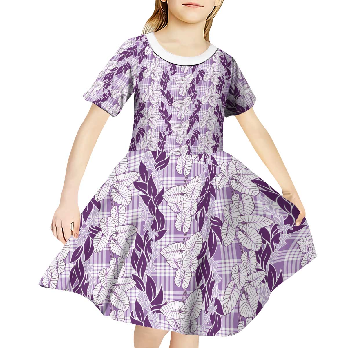 Hawaii Ti Leaf Maile Tuberose Lei Kid Short Sleeve Dress With Hanalei Leaf Purple LT05 - Polynesian Pride