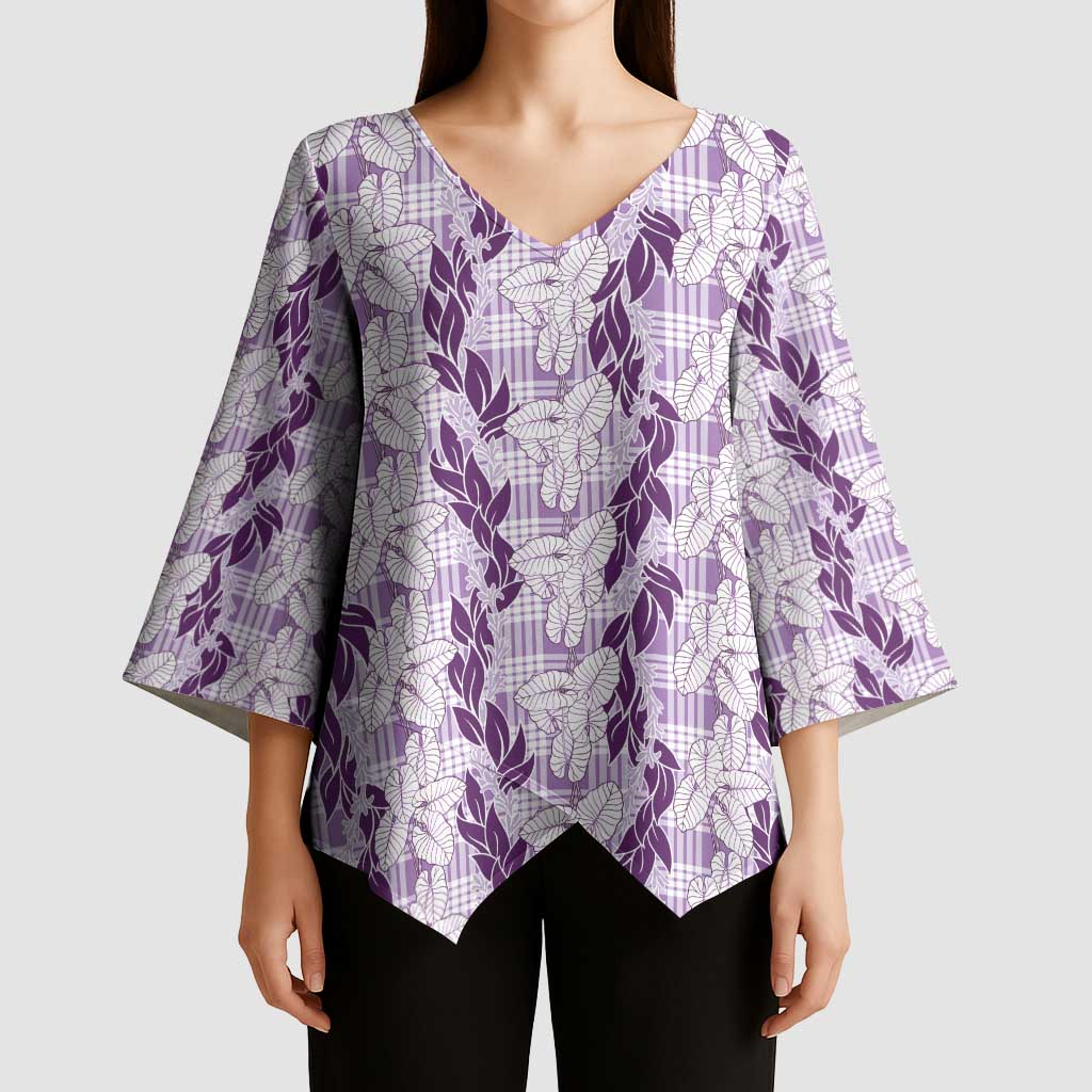 Hawaii Ti Leaf Maile Tuberose Lei Kimono Sleeve Blouse With Hanalei Leaf Purple LT05 - Polynesian Pride