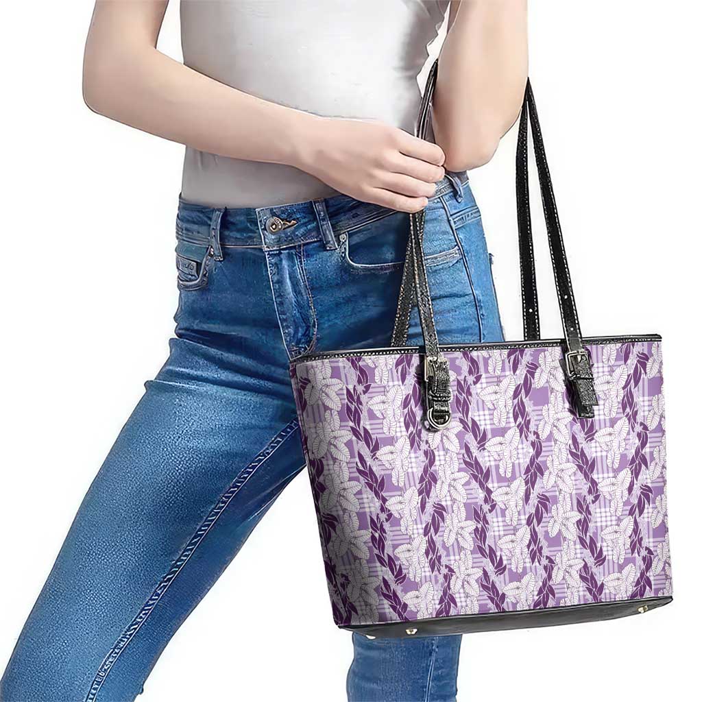 Hawaii Ti Leaf Maile Tuberose Lei Leather Tote Bag With Hanalei Leaf Purple LT05 - Polynesian Pride