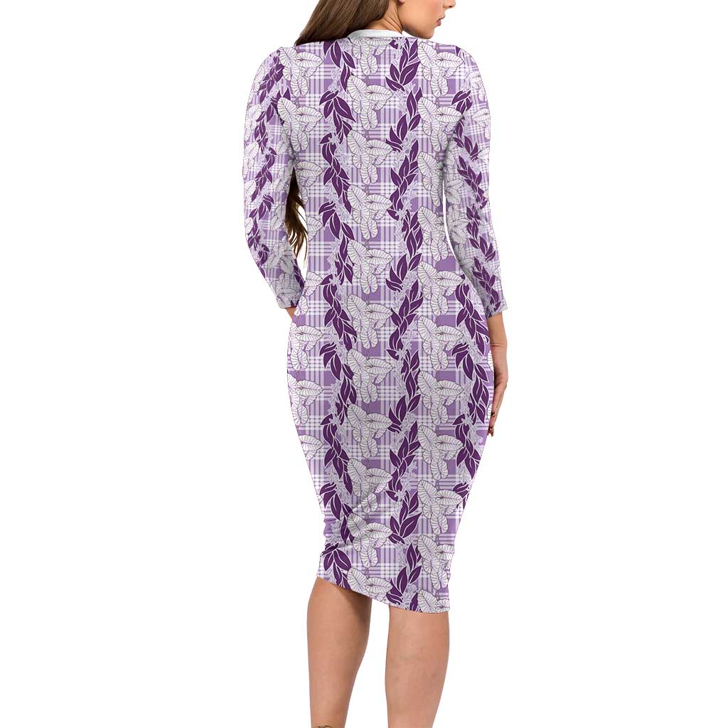 Hawaii Ti Leaf Maile Tuberose Lei Long Sleeve Bodycon Dress With Hanalei Leaf Purple LT05 - Polynesian Pride