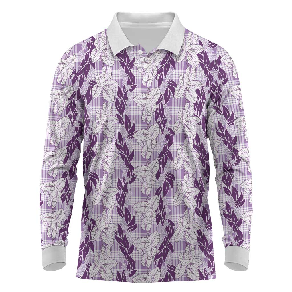 Hawaii Ti Leaf Maile Tuberose Lei Long Sleeve Polo Shirt With Hanalei Leaf Purple LT05 Purple - Polynesian Pride