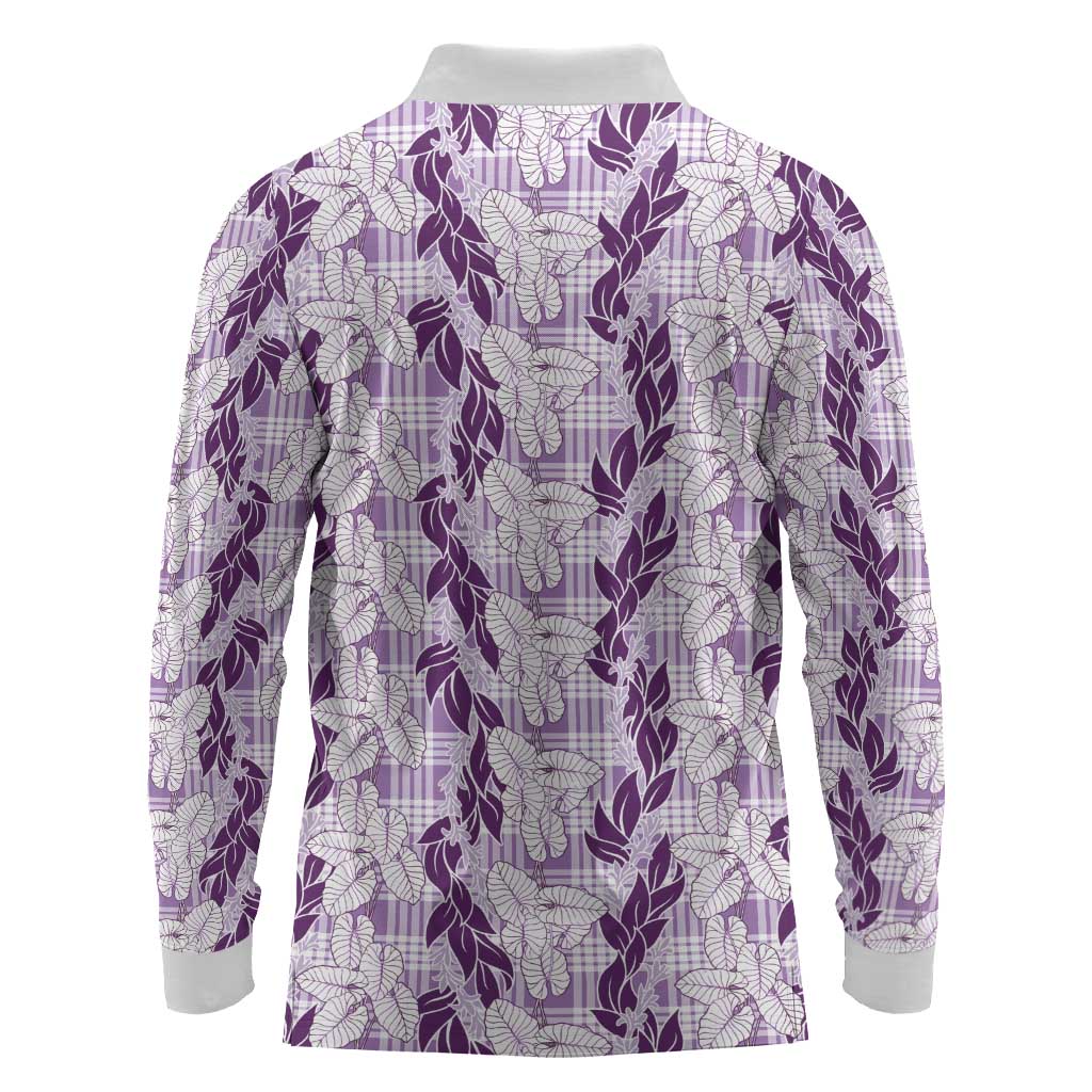 Hawaii Ti Leaf Maile Tuberose Lei Long Sleeve Polo Shirt With Hanalei Leaf Purple LT05 - Polynesian Pride