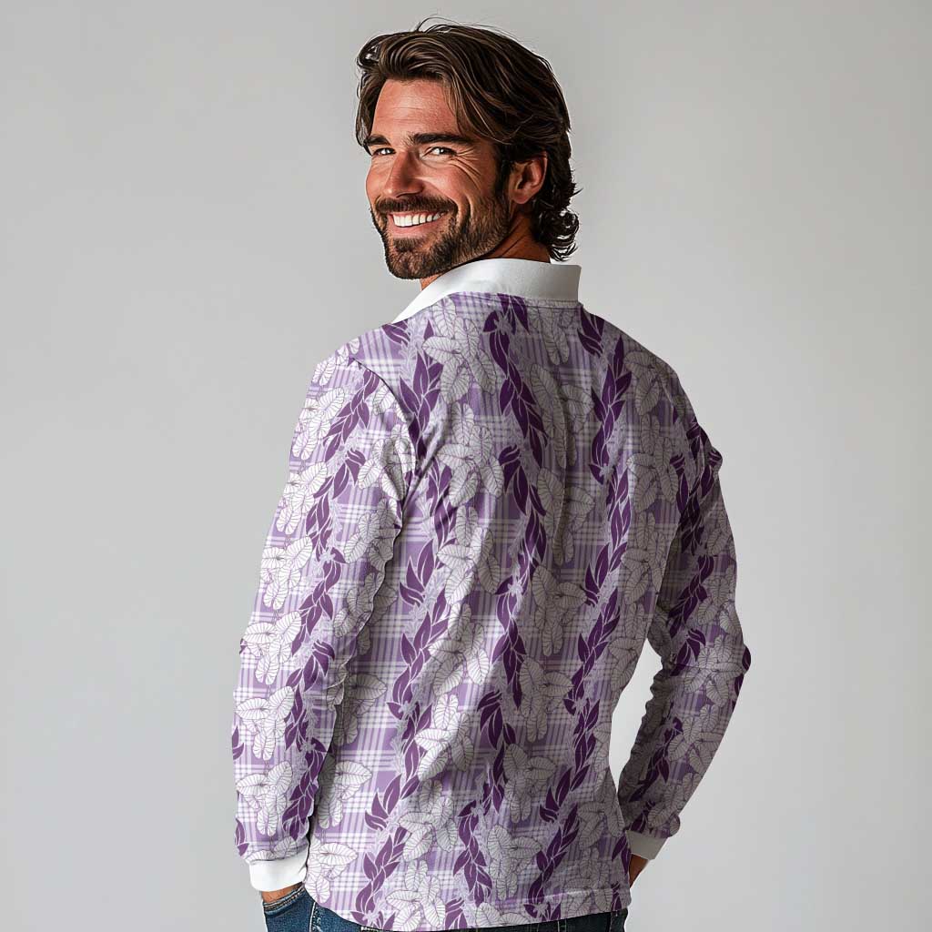 Hawaii Ti Leaf Maile Tuberose Lei Long Sleeve Polo Shirt With Hanalei Leaf Purple LT05 - Polynesian Pride
