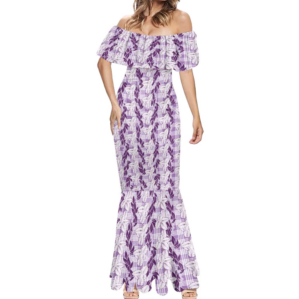 Hawaii Ti Leaf Maile Tuberose Lei Mermaid Dress With Hanalei Leaf Purple LT05 - Polynesian Pride
