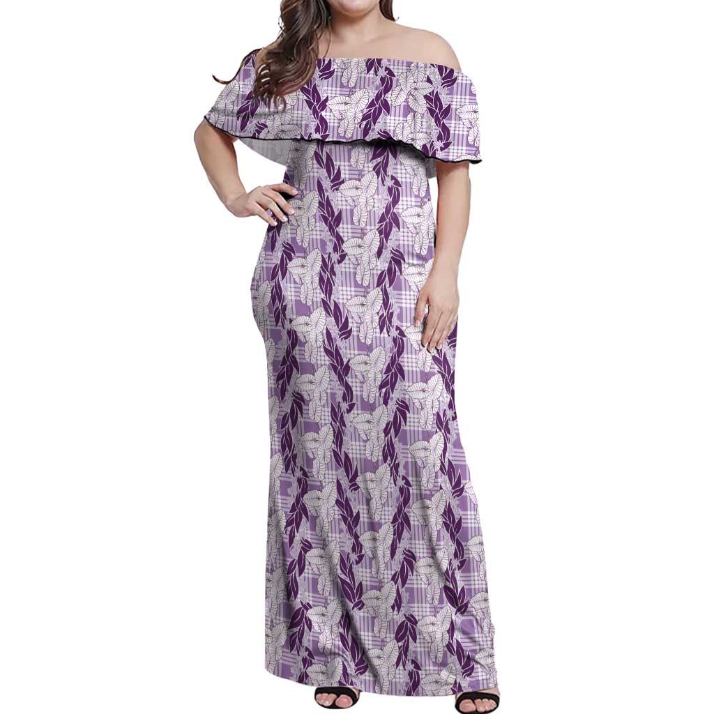 Hawaii Ti Leaf Maile Tuberose Lei Off Shoulder Maxi Dress With Hanalei Leaf Purple LT05 Women Purple - Polynesian Pride