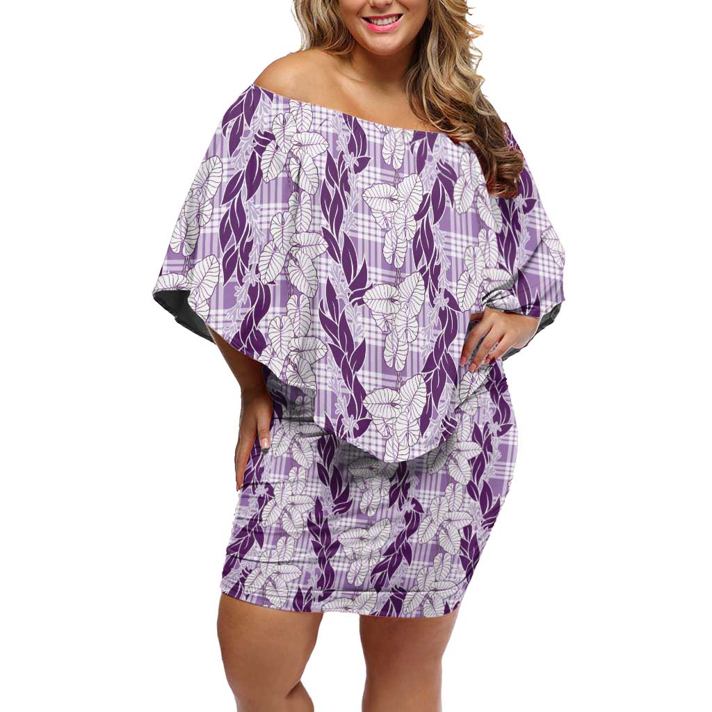 Hawaii Ti Leaf Maile Tuberose Lei Off Shoulder Short Dress With Hanalei Leaf Purple