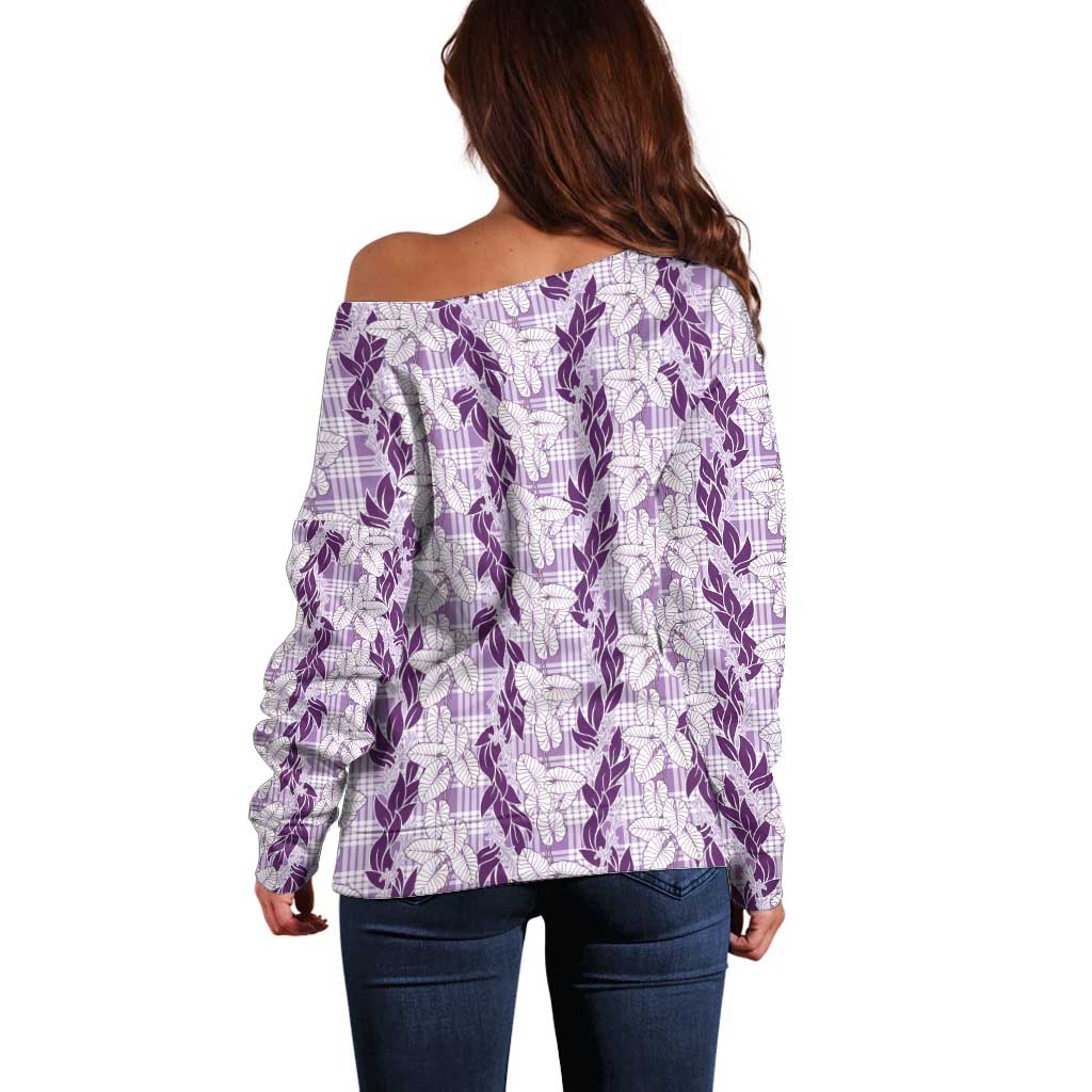 Hawaii Ti Leaf Maile Tuberose Lei Off Shoulder Sweater With Hanalei Leaf Purple LT05 - Polynesian Pride