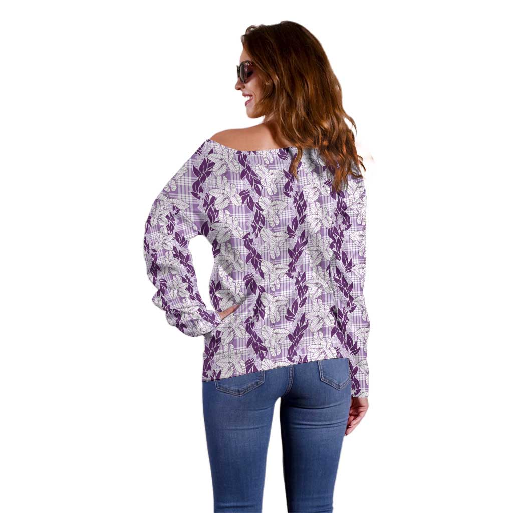 Hawaii Ti Leaf Maile Tuberose Lei Off Shoulder Sweater With Hanalei Leaf Purple LT05 - Polynesian Pride