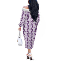 Hawaii Ti Leaf Maile Tuberose Lei Off The Shoulder Long Sleeve Dress With Hanalei Leaf Purple LT05 - Polynesian Pride