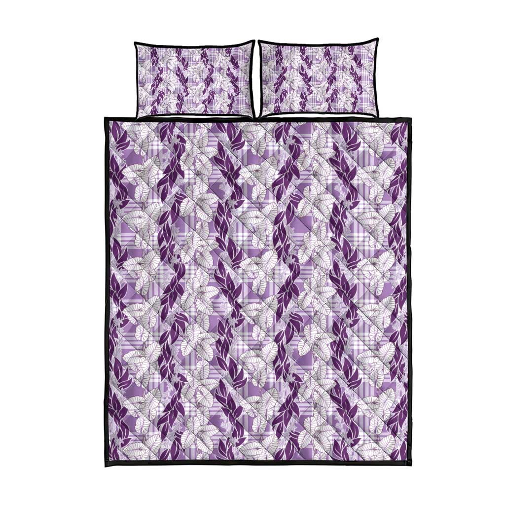 Hawaii Ti Leaf Maile Tuberose Lei Quilt Bed Set With Hanalei Leaf Purple LT05 - Polynesian Pride