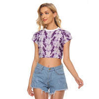 Hawaii Ti Leaf Maile Tuberose Lei Raglan Cropped T Shirt With Hanalei Leaf Purple