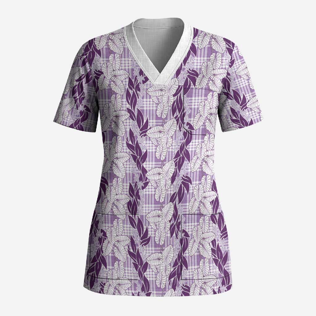 Hawaii Ti Leaf Maile Tuberose Lei Scrub Top With Hanalei Leaf Purple LT05 Adult Purple - Polynesian Pride