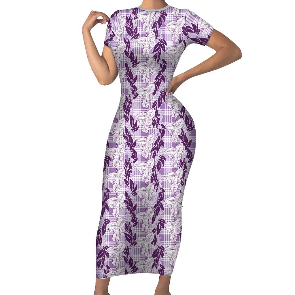 Hawaii Ti Leaf Maile Tuberose Lei Short Sleeve Bodycon Dress With Hanalei Leaf Purple LT05 Long Dress Purple - Polynesian Pride