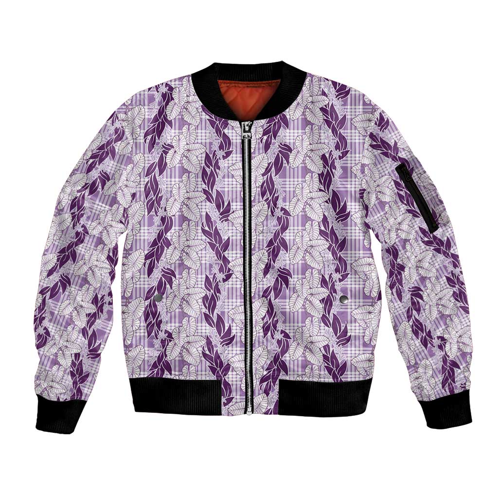 Hawaii Ti Leaf Maile Tuberose Lei Sleeve Zip Bomber Jacket With Hanalei Leaf Purple LT05 Unisex Purple - Polynesian Pride