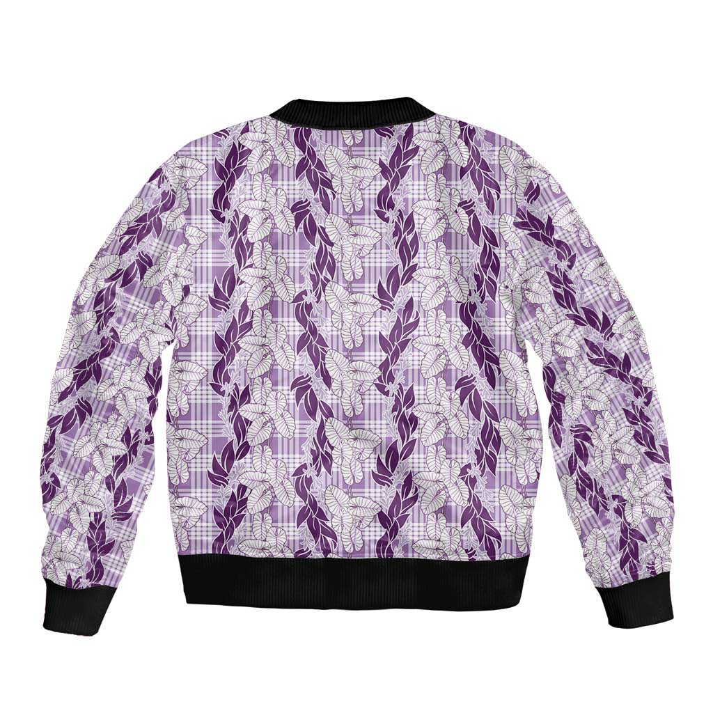 Hawaii Ti Leaf Maile Tuberose Lei Sleeve Zip Bomber Jacket With Hanalei Leaf Purple LT05 - Polynesian Pride