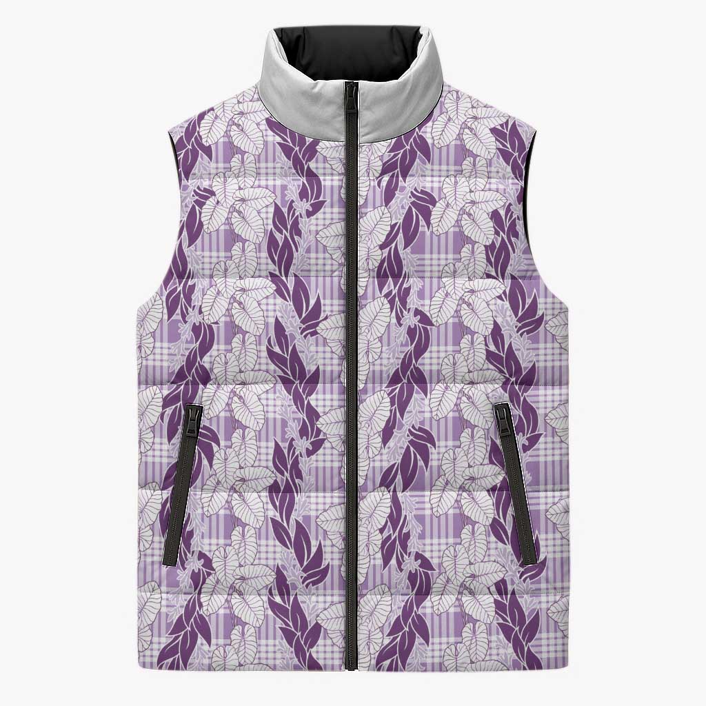 Hawaii Ti Leaf Maile Tuberose Lei Sleeveless Puffer Jacket With Hanalei Leaf Purple