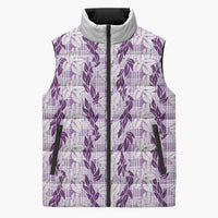 Hawaii Ti Leaf Maile Tuberose Lei Sleeveless Puffer Jacket With Hanalei Leaf Purple