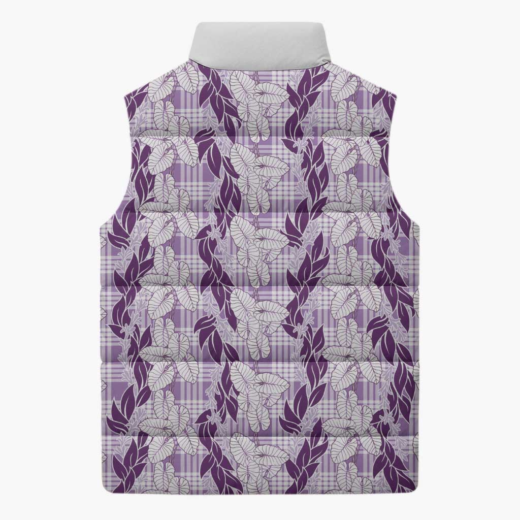 Hawaii Ti Leaf Maile Tuberose Lei Sleeveless Puffer Jacket With Hanalei Leaf Purple